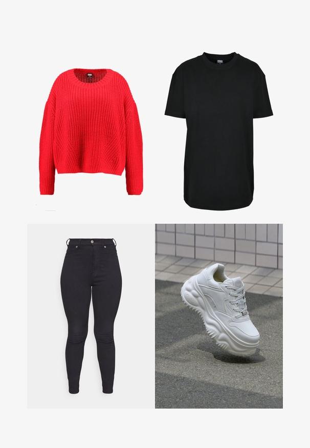 Rode gebreide trui met een ronde hals, verlaagde schouders en een geribbelde zoom. Heeft een textuur met een grof patroon over de hele trui.; Zwart T-shirt met korte mouwen en ronde hals in maat XS met "Urban Classics" label aan de binnenkant van de kraag.; Dr.Denim Petite SOLITAIRE - Jeans Skinny Fit - black; Witte leren sneaker met een zware zool, textuurdetails en vetersluiting. Beschikt over gevormde accenten en een gladde afwerking.