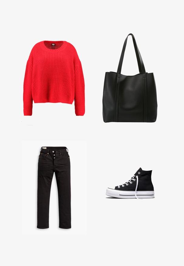 Rød strikket sweater med rund halsudskæring, sænkede skuldre og ribbet kant. Har et struktureret, chunky mønster over det hele.; Sorte lige jeans med knaplukning, front- og baglommer samt kobbernitte detaljer på en hvid baggrund.; Sort high-top canvas sneaker med hvid gummisål og hvide snørebånd, vist fra siden mod en hvid baggrund.; Sort læder tote bag med to lange håndtag, der har et minimalistisk design, glat tekstur og lodrette sømme på fronten.
