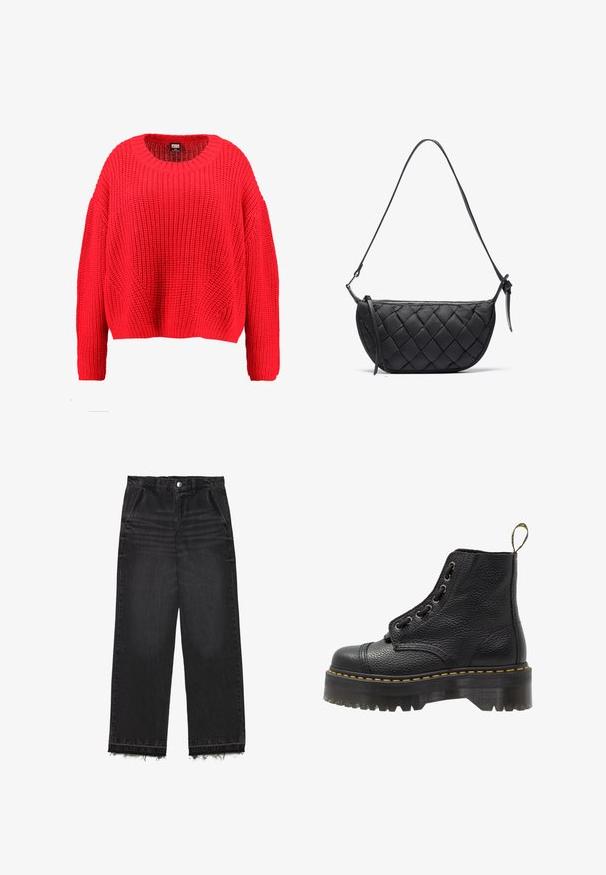 Pull rouge tricoté avec un col rond, des épaules tombantes et un ourlet côtelé. Présente un motif texturé et épais sur toute la surface.; Pantalon en denim noir à coupe droite. Doté d'une taille haute, d'un ourlet effiloché et d'une texture légère délavée sur l'ensemble. Poches avant incluses.; Bottines en cuir noir avec surface texturée, bout arrondi, lacets, coutures jaunes et une épaisse semelle noire crantée.; Sac à main noir matelassé avec une forme courbée, doté d'une fine bandoulière et d'une fermeture éclair. Fabriqué en matériau doux et texturé.