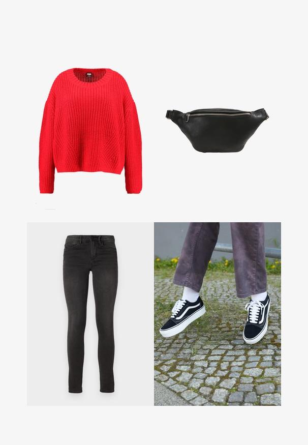 Rode gebreide trui met een ronde hals, verlaagde schouders en een geribbelde zoom. Heeft een textuur met een grof patroon over de hele trui.; ONLY ONLROYAL - Jeans Skinny Fit - black denim; Zwarte suède sneakers met witte accenten, met een ronde neus, dikke witte zool en klassieke vetersluiting, gedragen met witte sokken en paarse broek.; Zwarte leren heuptas met een gladde textuur, gebogen vorm en een zilveren ritssluiting. Voorzien van een enkele verstelbare schouderband.
