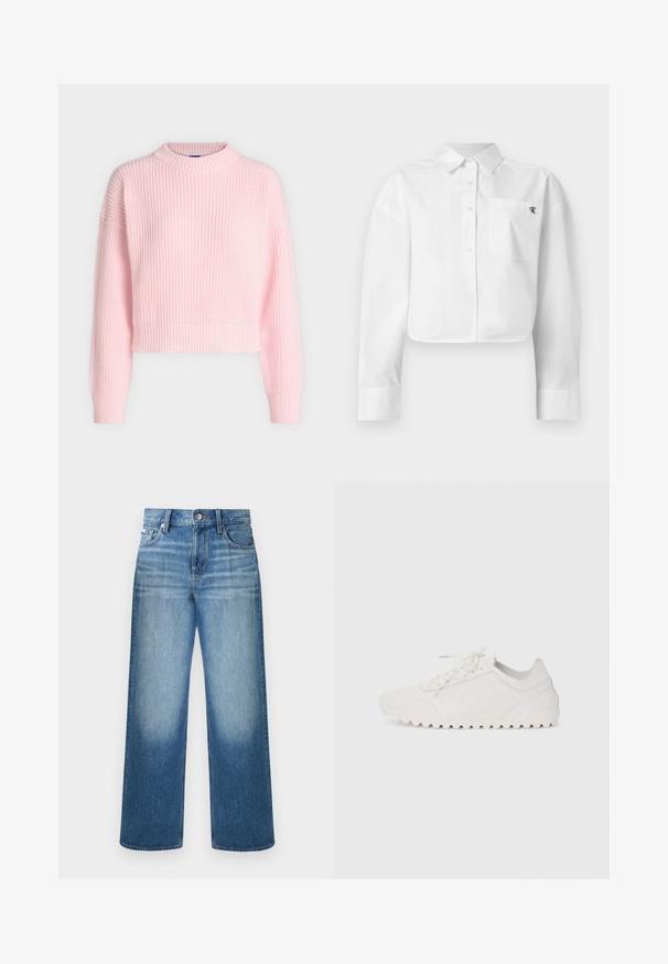 Pull en grosse maille rose clair avec manches longues, col rond côtelé, poignets et ourlet, présenté sur un fond neutre.; Chemise blanche courte à manches longues, boutonnée, avec col pointu et poche poitrine avec petit logo noir « ck ».; Jean denim bleu à jambes droites avec fermeture à boutons et glissière, design à cinq poches et délavage sur les cuisses et les genoux.; Baskets blanches avec une tige texturée, des lacets plats et une semelle en caoutchouc striée. Présente un logo subtil embossé sur le côté.