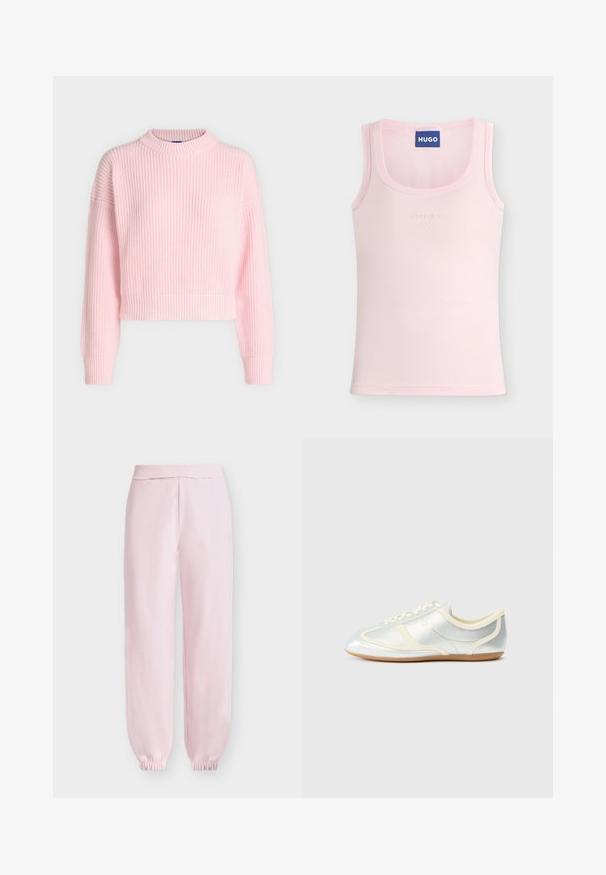 Pull en grosse maille rose clair avec manches longues, col rond côtelé, poignets et ourlet, présenté sur un fond neutre.; Débardeur rose clair sans manches avec encolure arrondie, logo « hugo » délicatement embossé au centre et étiquette de marque bleue « HUGO » à l’intérieur du col.; Pantalon de jogging rose clair avec taille élastique et poignets élastiques, fait en tissu doux, présenté sur un fond blanc uni.; Baskets synthétiques argentées avec accents crème, profil bas, bout arrondi et semelle en caoutchouc plate ; dotées de coutures classiques et d'une fermeture à lacets.