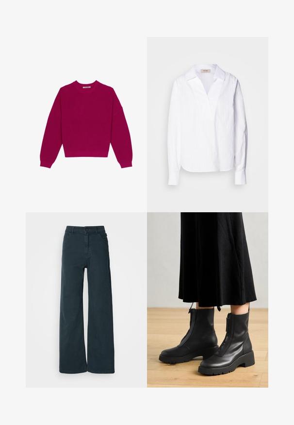 Magenta ribbet striktrøje med rund halsudskæring, dropped skuldre og lange ærmer. Kanten er cropped, hvilket fremhæver det strukturerede stof.; Hvid langærmet skjorte lavet af letvægts tekstureret stof, med V-hals, oversize krave og subtile lodrette striber.; Bredde bukser i mørkegrå bomuldsblanding med frontknaplukning, bæltestropper og to sidelommer. Glat tekstur med minimal detaljering.; Sorte læder ankelstøvler med en kraftig platformsål og en frontlynlås. Glat tekstur med et minimalistisk design.