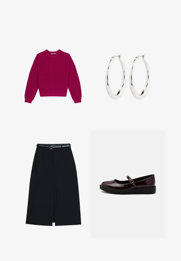 Suéter de punto acanalado en magenta con cuello redondo, hombros caídos y mangas largas. El dobladillo es corto, resaltando una tela texturizada.; Falda negra hasta la rodilla con una abertura en la parte delantera, hecha de tejido suave. Presenta un delgado cinturón negro con una hebilla plateada y pasadores para el cinturón.; Zapatos Mary Jane en burdeos brillante con punta redondeada, correa ajustable con hebilla y suela de plataforma texturizada negra.; Pendientes de aro de plata con un acabado suave y brillante. Forma circular, con un cierre seguro. Diseño sencillo y elegante.