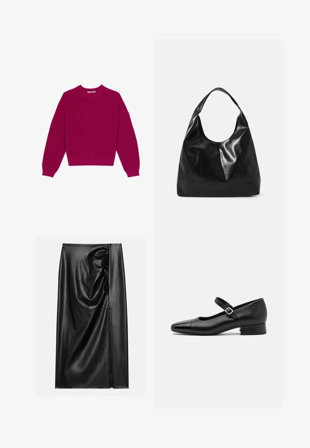 Magenta ribbet striktrøje med rund halsudskæring, dropped skuldre og lange ærmer. Kanten er cropped, hvilket fremhæver det strukturerede stof.; Sort læderskirt med en glat overflade, der har en indsamlet sektion på den ene side og en skråning på siden for ekstra detaljer.; Sorte læder Mary Jane-sko med en patenttå, justerbar ankelrem og lav blokhæl. Glat tekstur og strømlinet design.; Sort læder hobo taske med en blød, skinnende tekstur og en rund, åben top. Har en bred, buet strop til bæring. Ingen synlig hardware.