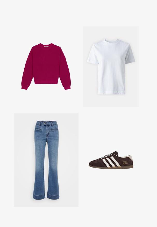 Magenta geribbelde gebreide trui met een ronde halslijn, afhangende schouders en lange mouwen. De zoom is cropped en toont een gestructureerde stof.; Witte katoen t-shirt met een ronde hals, korte mouwen, een rechte snit en een gladde textuur. Geen patronen of versieringen.; Flared denim jeans in medium blue met een hoge taille, voorzakken en contrasterende stiksels. De stof is zacht met een licht versleten afwerking.; Bruine suède sneakers met drie witte strepen, rubberen zool en een tekstlabel met de tekst "Gazelle" in goud. Vetersluiting met grijze veters.