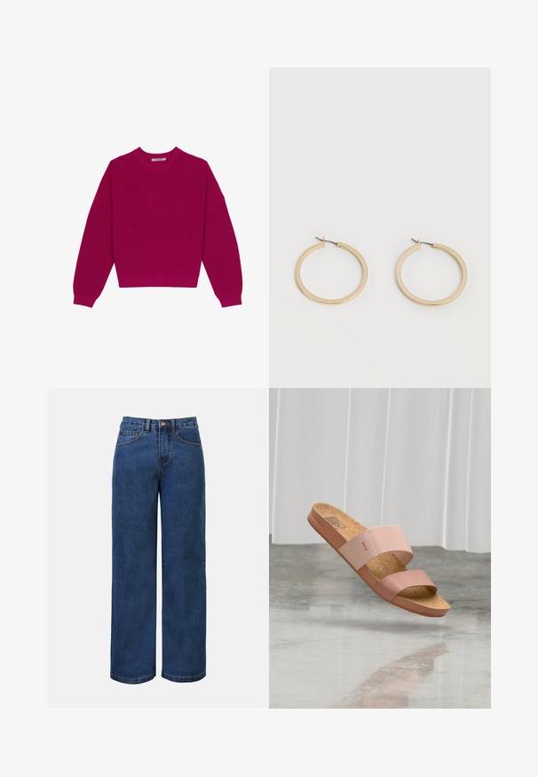 Magenta geribbelde gebreide trui met een ronde halslijn, afhangende schouders en lange mouwen. De zoom is cropped en toont een gestructureerde stof.; Donkerblauwe denim wijde jeans met hoge taille, voorzien van een knoopsluiting, riemlussen en voor- en achterzakken. Glad textuur.; Roze schuifzandalen met dubbele band en kurken voetbed, zwevend boven een reflecterende grijze vloer tegen een witte gordijnachtergrond.; Een paar gladde goudkleurige middelgrote creooloorbellen met scharniersluitingen op een effen lichte achtergrond.