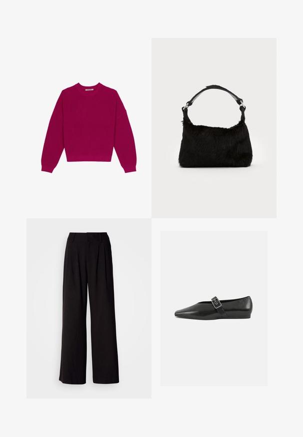Magenta ribbet striktrøje med rund halsudskæring, dropped skuldre og lange ærmer. Kanten er cropped, hvilket fremhæver det strukturerede stof.; Sorte bukser med vid benvidde lavet af glat stof, med folder foran, en tætsiddende talje og uden synlige mønstre eller detaljer.; Sorte læder flade sko med spidse tæer, prydet med en metallisk spænde over vristen og en lav, fleksibel sål.; Sort faux fur håndtaske med en blød tekstur, rund form og en robust skulderrem i sort læder. Synlige sølvhardware-detaljer.
