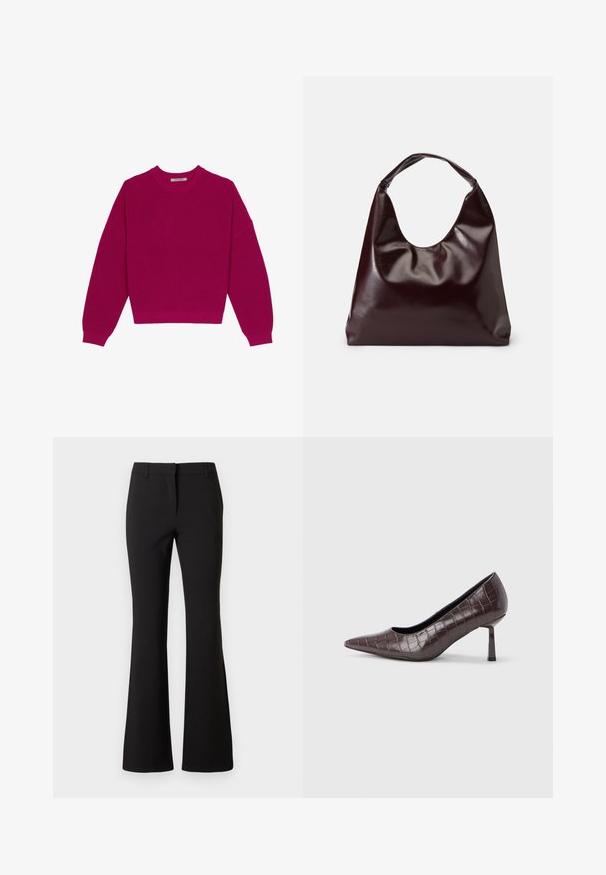 Pull en tricot côtelé magenta avec un col rond, des épaules tombantes et des manches longues. L'ourlet est court, mettant en valeur un tissu texturé.; Pantalon évasé noir en tissu lisse, présentant un pli frontal, des passants de ceinture et une coupe ajustée. Design épuré sans motifs visibles.; Escarpins à bout pointu en similicuir marron avec une texture crocodile, dotés d’un talon fin et angulaire ainsi que d’une doublure intérieure lisse.; Sac en cuir vegan bordeaux, brillant, avec une forme douce et sculpturale et une large poignée incurvée pour un transport facile.