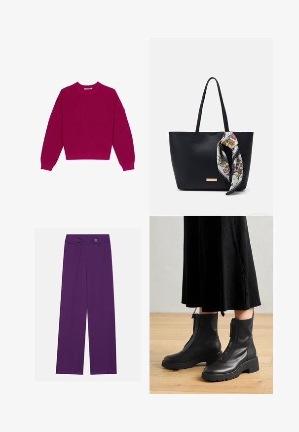 Suéter de punto acanalado en magenta con cuello redondo, hombros caídos y mangas largas. El dobladillo es corto, resaltando una tela texturizada.; Los pantalones de pierna ancha en color púrpura presentan una tela suave, dos grandes botones en la cintura y dos bolsillos delanteros.; Botas de tobillo de cuero negro con suela de plataforma gruesa y cremallera delantera. Textura suave con un diseño minimalista.; Bolso de tote de cuero negro con dos asas, decorado con una bufanda de seda floral atada en el asa y un acento metálico con el logotipo en el frente.
