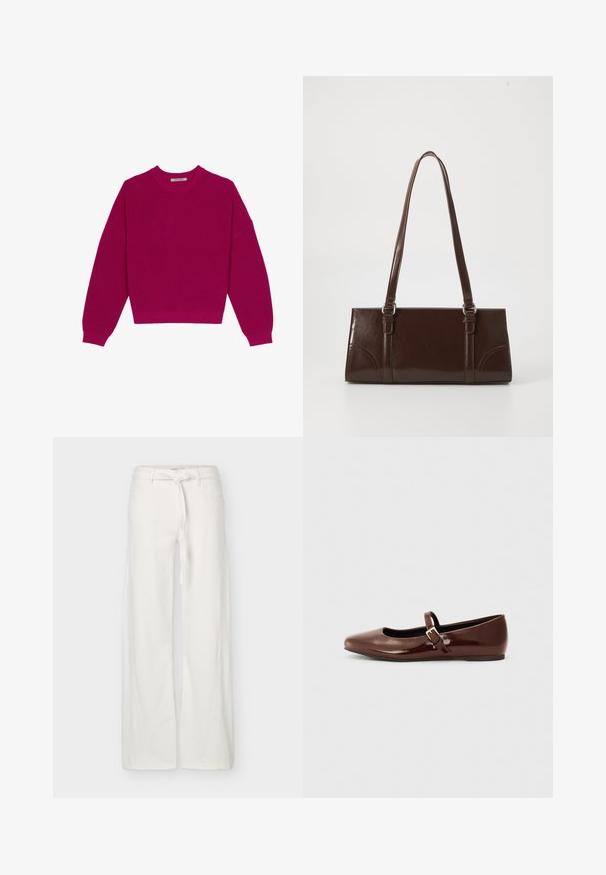 Pull en tricot côtelé magenta avec un col rond, des épaules tombantes et des manches longues. L'ourlet est court, mettant en valeur un tissu texturé.; Pantalon blanc à jambes larges avec poches avant et ceinture en tissu nouée à la taille, présenté sur un fond uni.; Ballerine en cuir verni marron avec un bout carré et une lanière ornée d'une petite boucle dorée. Texture lisse, talon bas et design minimaliste.; Sac à main en cuir verni marron de forme rectangulaire, avec deux longues poignées et des accents courbés subtils à l'avant.