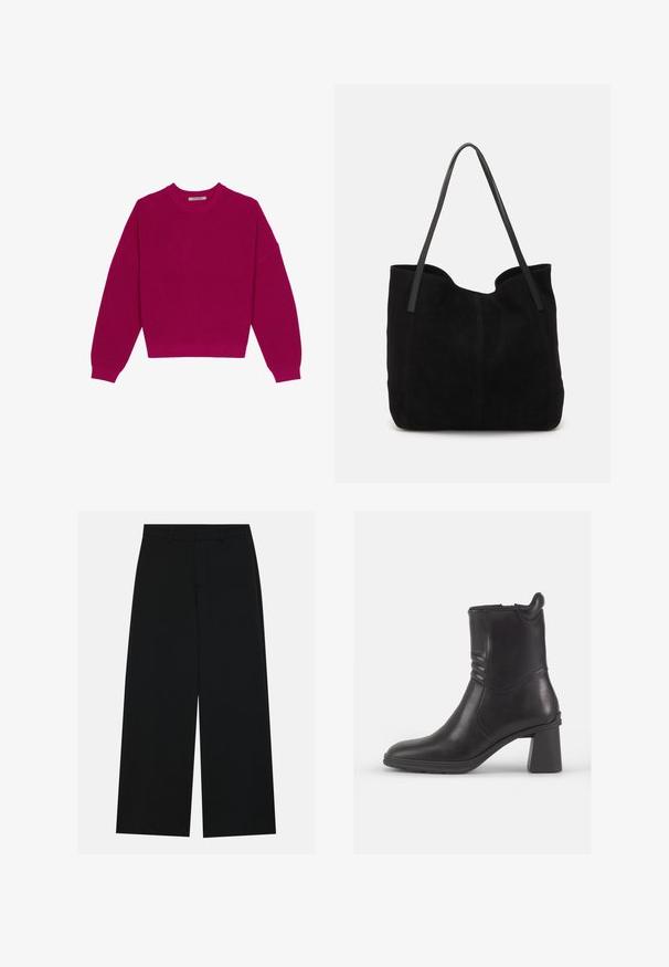 Suéter de punto acanalado en magenta con cuello redondo, hombros caídos y mangas largas. El dobladillo es corto, resaltando una tela texturizada.; Pantalones negros de pierna ancha hechos de una tela suave. Presentan una cintura plana con pasadores de cinturón y sin bolsillos visibles. Diseño sencillo.; Botín negro de cuero hasta el tobillo con punta redonda, paneles laterales texturizados y un tacón grueso. Acabado suave y diseño minimalista.; Bolso de mano de ante negro con dos correas de cuero largas y planas. Presenta un borde superior curvado y costuras visibles en la parte frontal. Sin acentos de metal.