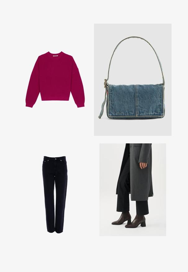Magenta geribbelde gebreide trui met een ronde halslijn, afhangende schouders en lange mouwen. De zoom is cropped en toont een gestructureerde stof.; Zwarte denim jeans met een recht model, vijf zakken en een knoopsluiting. Het materiaal is stevig met een gladde textuur.; Hogehakige enkellaarsjes van donkerbruin leer met een spitse neus en blokhak, gecombineerd met zwarte broeken en een grijze jas.; Denim schoudertas met een opvouwbaar ontwerp, lichtblauwe kleur, zichtbare stiksels, verstelbare schouderband en een zijlabel accent.