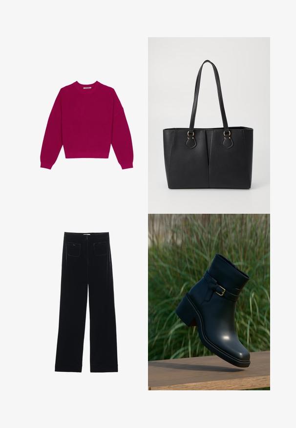 Pull en tricot côtelé magenta avec un col rond, des épaules tombantes et des manches longues. L'ourlet est court, mettant en valeur un tissu texturé.; Pantalons larges en velours noir avec deux poches arrière et une texture lisse, présentant une coupe droite et une finition ourlée aux chevilles.; Bottine en cuir noir avec une sangle décorative et une boucle dorée, présentée au-dessus d'une surface en bois avec un fond d'herbes hautes.; Sac fourre-tout noir en simili cuir avec une finition texturée, deux longues poignées et des accents en métal doré sur le côté. Shape rectangulaire.