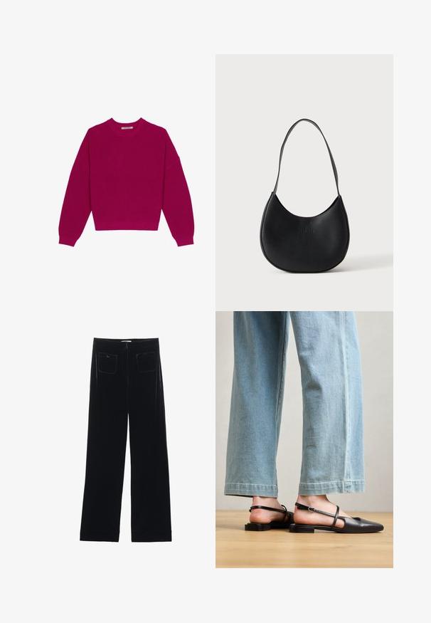 Suéter de punto acanalado en magenta con cuello redondo, hombros caídos y mangas largas. El dobladillo es corto, resaltando una tela texturizada.; Pantalones de terciopelo negro de pierna ancha con dos bolsillos traseros y una textura suave, con un corte recto y un acabado dobladillo en los tobillos.; Zapatos slingback de cuero negro con punta afilada, tacón plano y tira en el tobillo; llevados con jeans de pierna ancha en azul claro.; Bolso de hombro negro de cuero en forma de media luna con una sola correa y el nombre de la marca en relieve sutil sobre un fondo liso y claro.