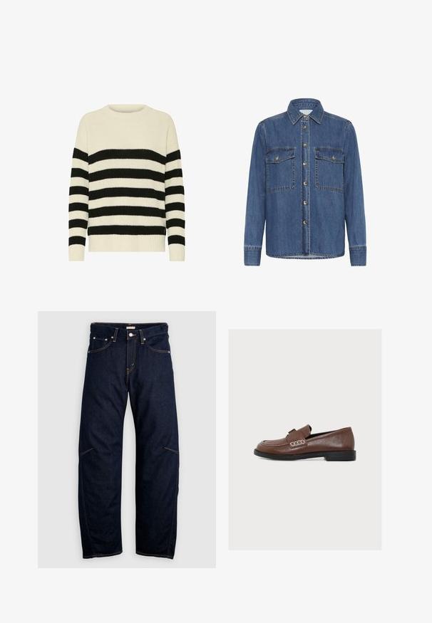 Pull en tricot à rayures ivoire et noires. Encolure ras-du-cou côtelée, manches longues et coupe décontractée avec un ourlet visible.; Chemise en denim bleu foncé, avec un col pointu, une fermeture à boutons sur le devant et deux poches poitrine avec rabats à bouton. Détails de couture distinctifs.; Jean en denim bleu foncé avec une coupe droite, doté de poches avant et arrière, et des coutures contrastantes jaunes. Aucune décoration visible.; Mocassin en cuir marron avec semelle noire et détail de couture décorative près de la bride, vu de côté sur fond blanc.