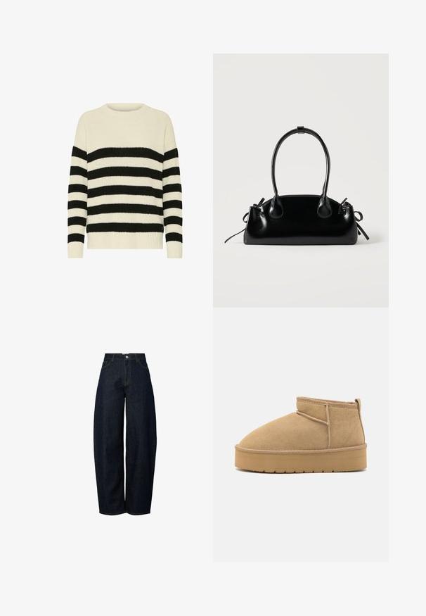 Pull en tricot à rayures ivoire et noires. Encolure ras-du-cou côtelée, manches longues et coupe décontractée avec un ourlet visible.; Jean en denim bleu marine à jambes larges et taille haute, agrémenté de surpiqûres orange contrastantes et d'une fermeture à bouton sur le devant.; Bottines en daim beige à bout rond, avec des coutures minimales et une semelle en caoutchouc brun clair arborant un motif texturé.; Petit sac à main noir brillant avec deux longues anses et des détails à cordon sur les côtés sur un fond clair uni.