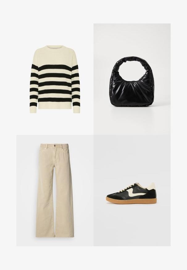 Pull en tricot à rayures ivoire et noires. Encolure ras-du-cou côtelée, manches longues et coupe décontractée avec un ourlet visible.; Pantalon beige taille haute à jambes larges avec bouton à l'avant, fermeture éclair, passants pour ceinture et cinq poches.; Baskets en daim et cuir noir avec un swoosh latéral crème et un talon crème clair. Dotées de lacets beige et d'une semelle en caoutchouc gomme.; Sac à main noir rembourré avec une poignée arrondie, présentant une surface lisse et brillante ainsi qu'une texture douce et matelassée. Pas de quincaillerie ou d'accents visibles.