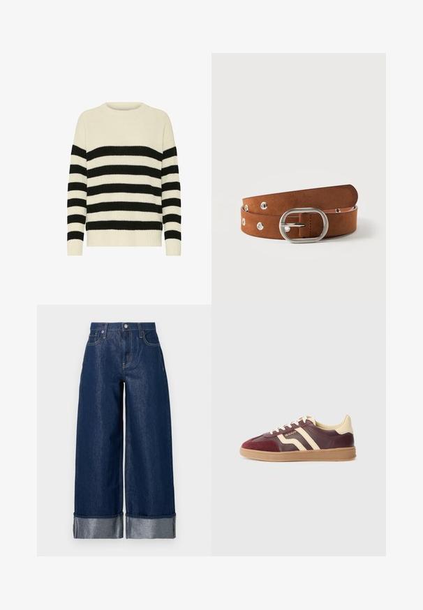 Pull en tricot à rayures ivoire et noires. Encolure ras-du-cou côtelée, manches longues et coupe décontractée avec un ourlet visible.; Jean large en denim bleu foncé à taille haute, design à cinq poches, et revers pliés dévoilant le tissu intérieur plus clair.; Baskets en cuir bordeaux et crème avec des détails en daim, présentant deux rayures diagonales, une semelle en caoutchouc texturée et un design à bout arrondi.; Ceinture en daim marron avec boucle ovale argentée et œillets métalliques, enroulée sur fond blanc.