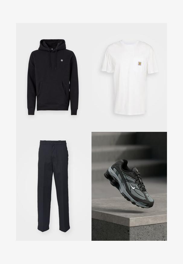 Zwarte hoodie van katoenmix. Heeft een voorzak, geribbelde manchetten en een klein logo op de borst.; Witte katoenen t-shirt met korte mouwen, een borstzak en een klein vierkant logo-opdruk in oranje en wit op de zak.; Zwarte op maat gemaakte broek met rechte pijpen, gemaakt van gladde stof, met een tailleband met lussen en zonder zichtbare patronen of hardware.; Grijze en zwarte sportieve sneaker met meshpanelen en dikke zool, zwevend in de lucht boven een betonnen richel met trappen op de achtergrond.