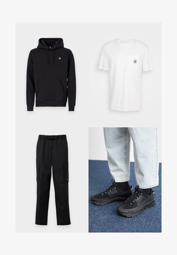 Sort hætte sweatshirt lavet af en bomuldsblanding. Har en front kangaroo lomme, ribbede manchetter og et lille logo på brystet.; Hvid bomulds T-shirt med korte ærmer, en brystlomme, og et lille firkantet logo patch i orange og hvid på lommen.; Sorte cargo-bukser med elastisk talje, justerbart bælte, flere sidelommer og en glat, let stoftekstur.; Sorte træningssko med tekstureret stof og gummisåler, udstyret med elastiske snørebånd og en blå detalje på hælen. Bæres med lyse denimbukser.