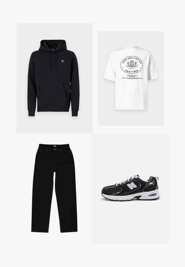 Schwarzer Kapuzenpullover aus Baumwollgemisch. Verfügt über eine große Kängurutasche auf der Vorderseite, gerippte Bündchen und ein kleines Logo auf der Brust.; Weißes Baumwoll-T-Shirt mit einem schwarzen kreisförmigen Grafikelement, auf dem "New Era Cap Co" und ein Wappen-Design abgebildet sind, sowie Text, der die Qualität seit 1920 beschreibt.; Schwarze Jeans aus Denim im geraden Schnitt, mit fünf Taschen, braunen Nähten und einem Reißverschluss. Glatte Textur und hochwertiges Material.; Schwarze und graue Sportschuhe mit Obermaterial aus Mesh und Wildleder, ausgestattet mit einer weißen Zwischensohle, Schnürsenkeln und einem markanten "N"-Logo an der Seite.