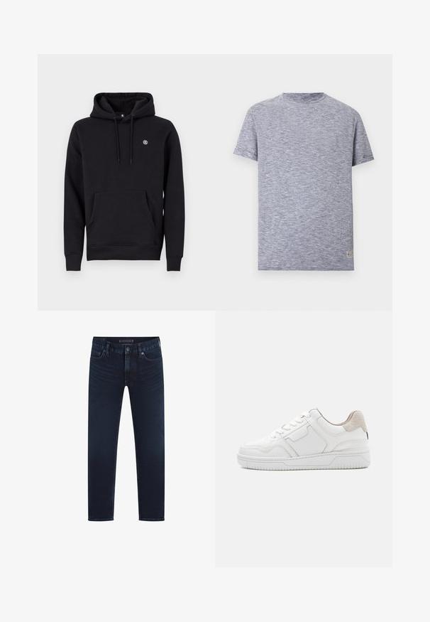 Schwarzer Kapuzenpullover aus Baumwollgemisch. Verfügt über eine große Kängurutasche auf der Vorderseite, gerippte Bündchen und ein kleines Logo auf der Brust.; Kurzarm-T-Shirt mit Rundhalsausschnitt, dünnen horizontalen marineblauen und weißen Streifen und einem kleinen rechteckigen Etikett nahe dem Saum.; Dunkelblaue Jeans aus Denim mit geradem Schnitt, klassischem Fünf-Taschen-Design, Knopfverschluss und sanften Ausbleichungen an den Beinen.; Weißer Sneaker mit niedriger Schnittführung, Schnürung vorne, strukturierter Sohle, dezenten Paneeldetails und beigefarbener Veloursleder-Fersenkappe vor hellem, schlichten Hintergrund.