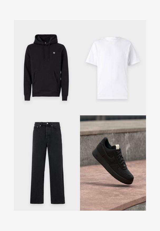 Sort hætte sweatshirt lavet af en bomuldsblanding. Har en front kangaroo lomme, ribbede manchetter og et lille logo på brystet.; Hvid kortærmet t-shirt lavet af bomuld med rund hals, der har en glat tekstur og et simpelt design uden mønstre eller accenter.; Sorte denim straight-leg jeans med høj talje, fem lommer og metalknaplukning. Stof har en glat tekstur og let glans.; Sort Nike Air Force 1 sneaker, der svæver over en lyserød betonforkant med en grå stenet baggrund, som viser sidde- og topdetaljer.