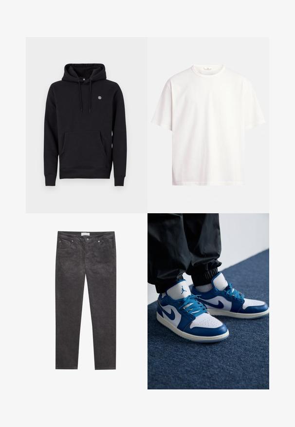 Schwarzer Kapuzenpullover aus Baumwollgemisch. Verfügt über eine große Kängurutasche auf der Vorderseite, gerippte Bündchen und ein kleines Logo auf der Brust.; Weißes T-Shirt aus Baumwolle, mit Rundhalsausschnitt, kurzen Ärmeln und lockerem Schnitt ohne sichtbare Muster oder Akzente.; Kordhosen in Dunkelgrau mit auffälliger Textur, ausgestattet mit fünf Taschen, einem Reißverschluss und metallischen Hardware-Details. Gerades Bein Design.; Die Nike Air Jordan Sneakers verfügen über eine weiße Lederbasis mit blauen synthetischen Akzenten, einer perforierten Zehenbox und blauen Schnürsenkeln.