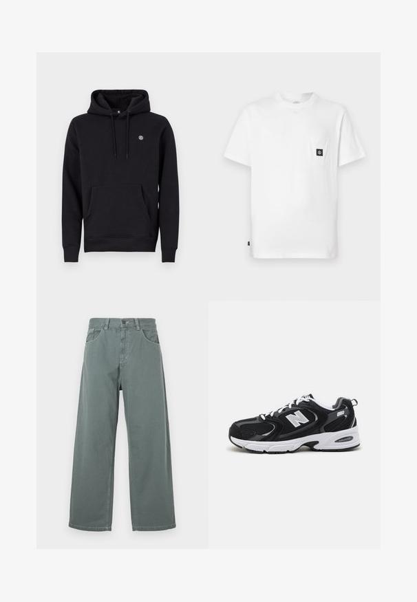 Sort hætte sweatshirt lavet af en bomuldsblanding. Har en front kangaroo lomme, ribbede manchetter og et lille logo på brystet.; Hvid bomulds T-shirt med rund halsudskæring, korte ærmer og en brystlomme med en sort logopatch. Glat tekstur, løs pasform.; Breddebenede bukser i afdæmpet grøn bomuld, med en klassisk talje, bæltesløjfer, forlommer og kontrasterende sømdetaljer.; Sorte og grå sportssko med mesh og ruskind på overdelen, der har en hvid mellemsål, snørebånd og et iøjnefaldende "N" logo på siden.
