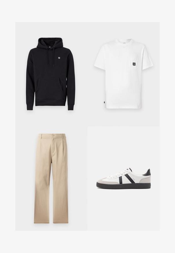 Sort hætte sweatshirt lavet af en bomuldsblanding. Har en front kangaroo lomme, ribbede manchetter og et lille logo på brystet.; Hvid bomulds T-shirt med rund halsudskæring, korte ærmer og en brystlomme med en sort logopatch. Glat tekstur, løs pasform.; Beige lige ben bukser lavet af blødt bomuldsstof, med knaplukning, plisseringer foran og rene, enkle kanter.; Hvide sneakers med sorte og grå detaljer, med en tekstureret grå tåhætte, sort gummisål og flade hvide snørebånd. Rent design, minimalistisk stil.