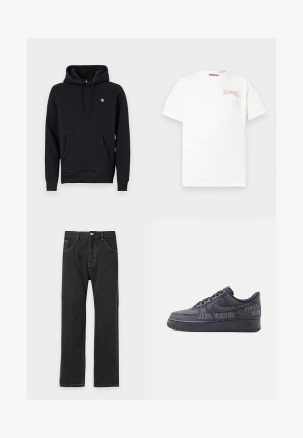 Schwarzer Kapuzenpullover aus Baumwollgemisch. Verfügt über eine große Kängurutasche auf der Vorderseite, gerippte Bündchen und ein kleines Logo auf der Brust.; Weißes Baumwoll-T-Shirt mit kurzen Ärmeln, auf der linken Brust mit einem pinkfarbenen, bestickten "DIESEL"-Logo versehen und mit klassischem Rundhalsausschnitt.; Schwarze Jeans mit geradem Bein, kontrastierenden orangefarbenen Nähten, Frontknopf und Taschen auf hellem einfarbigem Hintergrund.; Schwarzer Sneaker in Low-Top-Form mit eingeprägten Städtenamen wie St. Louis, Mexiko-Stadt, Paris und Seoul auf dem Lederobermaterial und der Sohle.