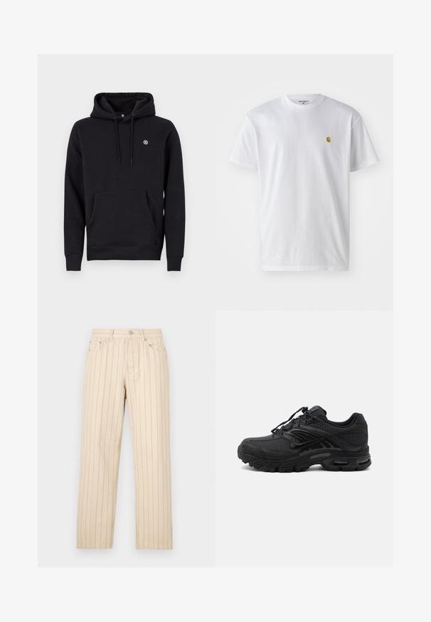 Sort hætte sweatshirt lavet af en bomuldsblanding. Har en front kangaroo lomme, ribbede manchetter og et lille logo på brystet.; Hvid bomulds t-shirt med korte ærmer, rund hals og et lille guld logo på venstre brystområde. Blød tekstur og almindelig pasform.; Beige lige ben bukser med lodrette striber, der har knaplukning, bælteløkker og sidelommer. Stoffet har en glat overflade.; Sort atletisk sneaker med tekstureret stof, tyk polstret sål, luftventiler og snørelukning, vist fra siden på en lys baggrund.