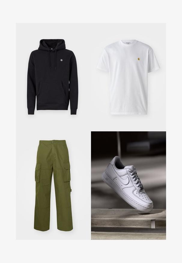 Zwarte hoodie van katoenmix. Heeft een voorzak, geribbelde manchetten en een klein logo op de borst.; Witte katoenen t-shirt met korte mouwen en ronde hals, voorzien van een klein gouden logo op de linkerkant van de borst. Zachte textuur en een normale pasvorm.; Olijfgroene cargo broek van duurzaam materiaal, met twee zijzakken, een relaxte pasvorm en een knoopsluiting bij de taille.; Witte Nike Air Force 1 sneaker van leer met geperforeerde neus, platte veters en een gestructureerde rubberen zool met "AIR"-logo aan de zijkant.