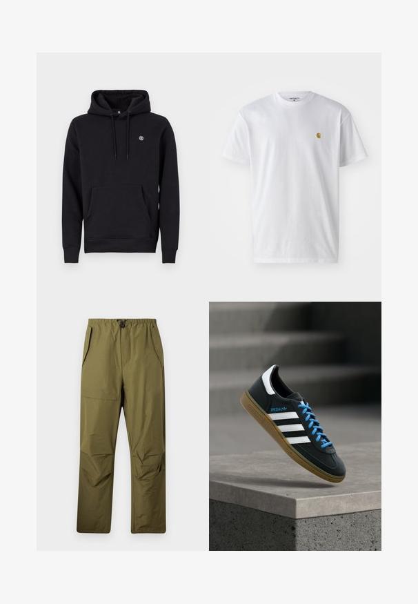 Sort hætte sweatshirt lavet af en bomuldsblanding. Har en front kangaroo lomme, ribbede manchetter og et lille logo på brystet.; Hvid bomulds t-shirt med korte ærmer, rund hals og et lille guld logo på venstre brystområde. Blød tekstur og almindelig pasform.; Oliven grønne lige ben bukser med elastisk talje og snor, der har sidelommer og en flaplomme på højre lår.; Sort Adidas sneaker med hvide striber, blå snørebånd og gummisål, der svæver over gråt betontrin i blødt lys.