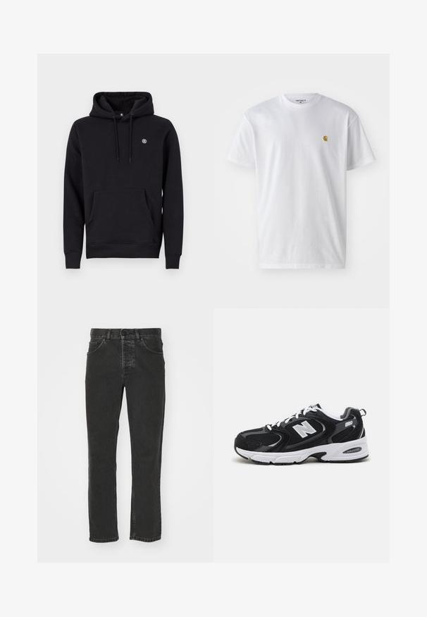 Sort hætte sweatshirt lavet af en bomuldsblanding. Har en front kangaroo lomme, ribbede manchetter og et lille logo på brystet.; Hvid bomulds t-shirt med korte ærmer, rund hals og et lille guld logo på venstre brystområde. Blød tekstur og almindelig pasform.; Sorte denim jeans med lige ben, klassisk fem-lomme design, knaplukning i taljen og en falmet overflade. Glat tekstur, ingen synlige mønstre.; Sorte og grå sportssko med mesh og ruskind på overdelen, der har en hvid mellemsål, snørebånd og et iøjnefaldende "N" logo på siden.