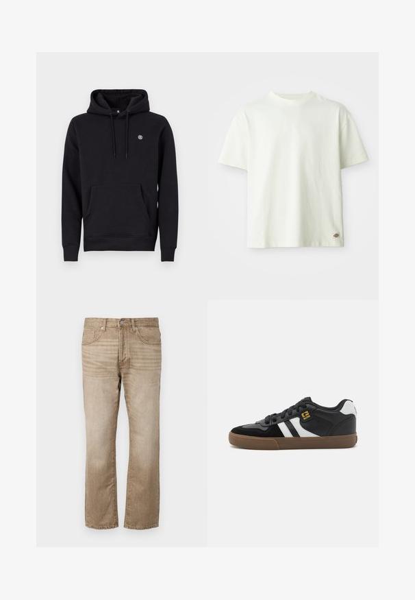 Sort hætte sweatshirt lavet af en bomuldsblanding. Har en front kangaroo lomme, ribbede manchetter og et lille logo på brystet.; Hvid bomulds T-shirt med rund hals, korte ærmer og en afslappet pasform. Har et lille logotag i siden. Glat tekstur.; Beige denim jeans med lige ben, der har fem lommer, en knaplukning og subtile falmninger i stoffet.; Sorte og hvide sneakers med overdel i ruskind og læder, der har hvide striber, sorte snørebånd og en brun gummisål. Guld logo detaljer.