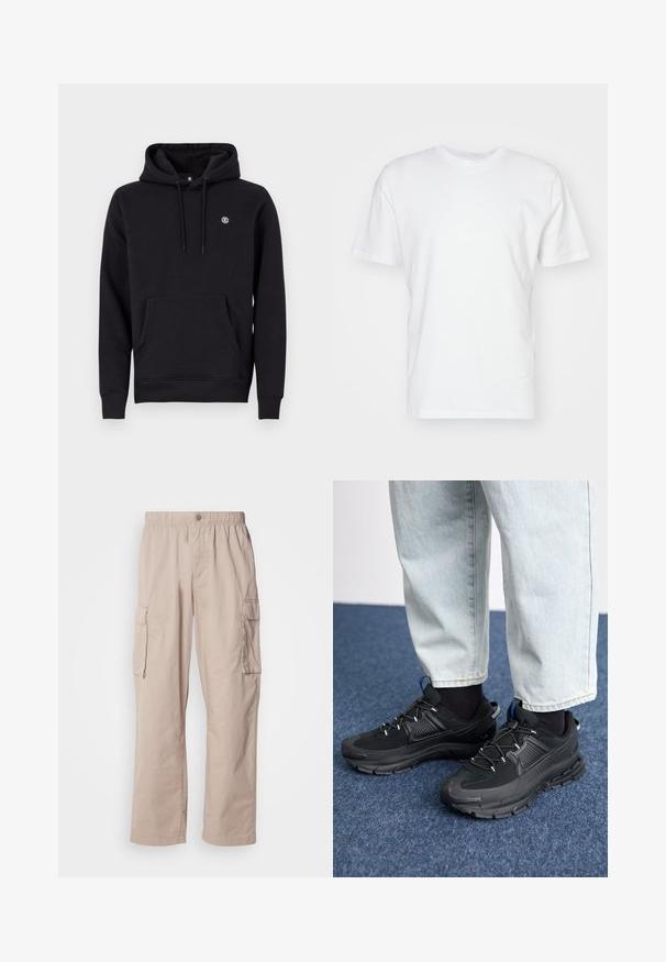 Sweatshirt à capuche noire en tissu mélangé de coton. Il présente une poche kangourou à l'avant, des poignets côtelés et un petit logo sur la poitrine.; T-shirt en coton blanc à manches courtes, encolure ronde et texture lisse. Design simple sans motifs ni graphiques.; Pantalons cargo beiges avec une coupe décontractée, taille élastique, fermeture par bouton et poches latérales. Fabriqués en tissu léger avec une texture lisse.; Des chaussures de sport noires avec un tissu texturé et des semelles en caoutchouc, dotées de lacets élastiques et d'un accent bleu au talon. Portées avec un pantalon en denim clair.