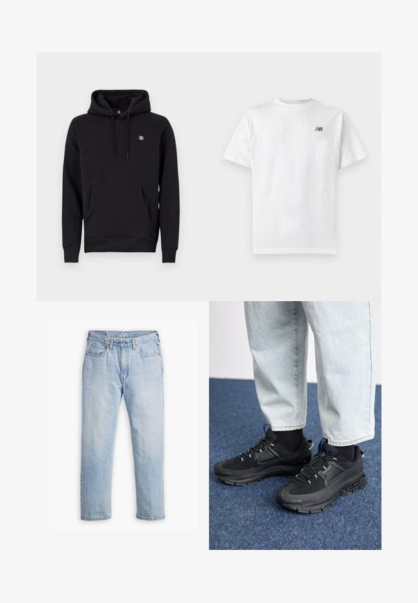 Zwarte hoodie van katoenmix. Heeft een voorzak, geribbelde manchetten en een klein logo op de borst.; Witte T-shirt met korte mouwen en ronde hals met een klein zwart New Balance-logo op de linker bovenkant van de borst op een effen lichte achtergrond.; Lichtblauwe denim jeans met een recht model, vijf zakken en contrasterende stiksels. Knopen- en ritssluiting bij de taille.; Zwarte sportschoenen met gestructureerde stof en rubberen zolen, met elastische veters en een blauwe accent op de hiel. Draag samen met lichte spijkerbroeken.