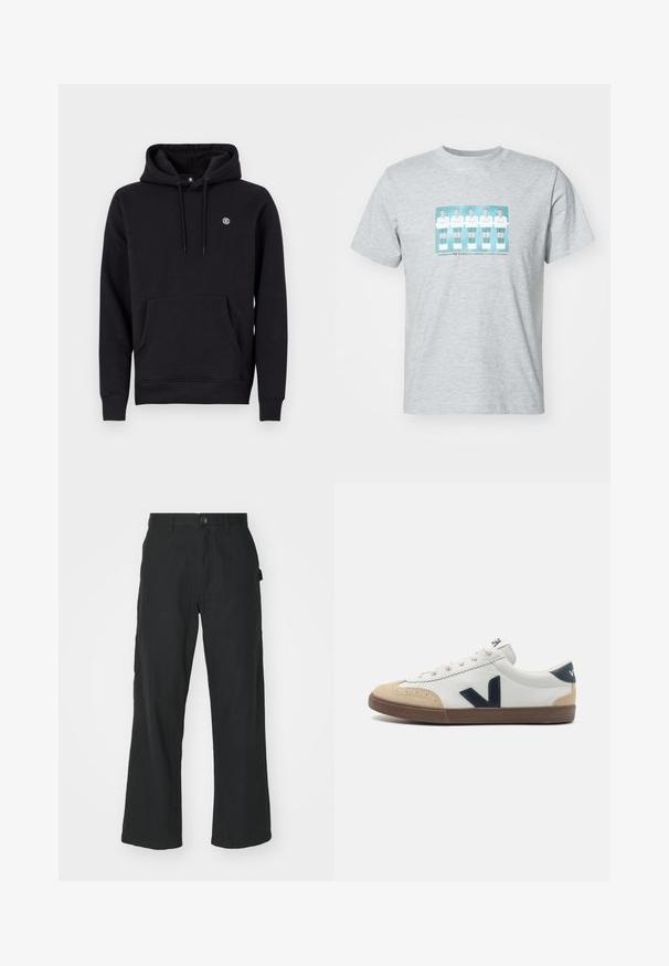 Schwarzer Kapuzenpullover aus Baumwollgemisch. Verfügt über eine große Kängurutasche auf der Vorderseite, gerippte Bündchen und ein kleines Logo auf der Brust.; Graues Baumwoll-T-Shirt mit einem zentralen Druck von fünf Fußballspielern in weißen Trikots mit türkisfarbenen Akzenten, rundem Ausschnitt und kurzen Ärmeln.; Schwarze, weit geschnittene Hosen aus leichtem Material, mit Knopfverschluss, Fronttaschen und glatter Textur.; Weiße Leder-Sneaker mit beigem Zehenbereich, navyblaue seitliche "V"-Logos und brauner Gummisohle. Enthält runde Schnürsenkel und strukturierte Akzente.