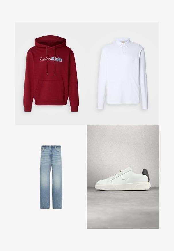 Sweatshirt à capuche bordeaux en tissu polaire, avec une poche kangourou, des poignets côtelés et le logo "Calvin Klein NEW YORK" en blanc et bleu.; Chemise polo blanche à manches longues en tissu doux, dotée d'un col classique, d'une patte de boutonnage à trois boutons et d'un logo discret sur la poitrine.; Jean bleu clair droit avec une légère décoloration et de petites zones usées près de l'ourlet inférieur des deux jambes.; Baskets blanches avec une tige en cuir lisse, des lacets plats et une semelle blanche surélevée. Présente un accent noir au talon et un logo embossé.