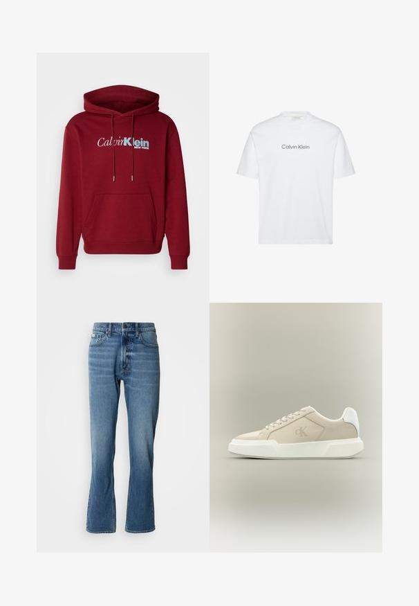 Sweatshirt à capuche bordeaux en tissu polaire, avec une poche kangourou, des poignets côtelés et le logo "Calvin Klein NEW YORK" en blanc et bleu.; T-shirt en coton blanc à manches courtes. Dispose d'un col rond et d'un logo "Calvin Klein" imprimé en gris sur la poitrine.; Jeans en denim bleu clair avec une coupe droite et une légère évasée. Comprend cinq poches, une fermeture à bouton et des détails de décoloration subtils.; Basket basse beige avec semelle blanche épaisse, lacets, languette blanche au talon et logo CK discret sur le panneau latéral.