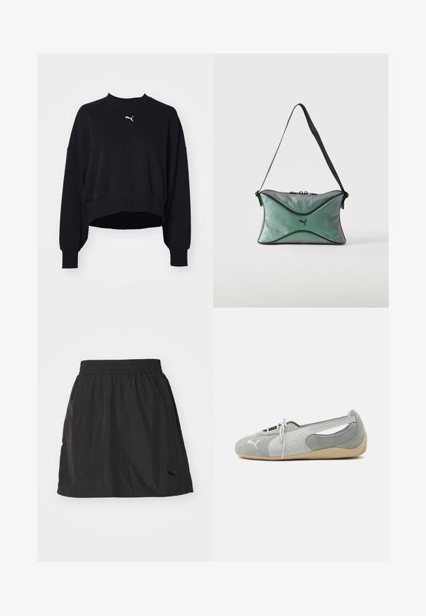 Sweatshirt noir court en tissu doux. Il est doté de manches longues, d'un col rond et d'un petit logo Puma blanc sur la poitrine.; Jupe de sport noire avec une taille élastique, tissu léger, ourlet droit et un discret logo brodé en bas à droite.; Chaussure plate en daim Puma gris clair avec logo blanc, lacets à l'avant, côtés découpés et semelle beige texturée, vue du côté extérieur.; Petit sac d'épaule vert irisé avec bordure noire, sangle réglable noire, fermeture éclair et logo Puma au centre avant.