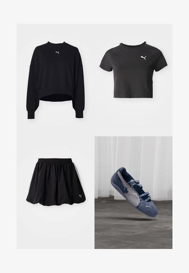 Sweatshirt noir court en tissu doux. Il est doté de manches longues, d'un col rond et d'un petit logo Puma blanc sur la poitrine.; T-shirt noire cropped en coton, avec un col rond, des manches courtes raglan et un logo Puma blanc sur la poitrine gauche.; Jupe de sport noire avec une taille élastique, ornée de panneaux blancs sur les côtés et d'un petit logo au bas. Fabriquée en tissu léger.; Chaussure plate Puma bleue et grise avec trois brides élastiques, panneau latéral texturé, et logo Puma blanc, en suspension au-dessus d'un sol en béton.