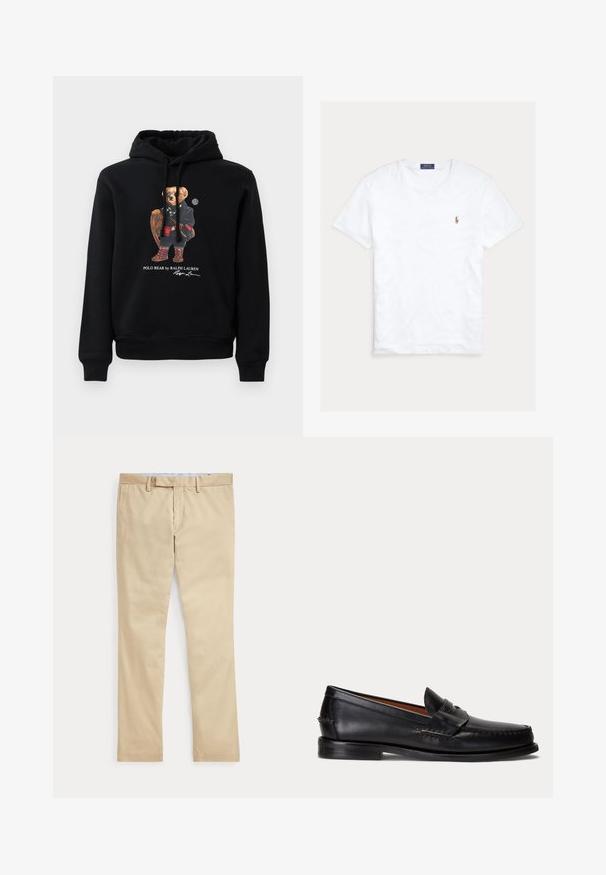 Zwarte hoodie met een beer in een zonnebril, een jas, laarzen, en met een houten racket in de hand, met de tekst "Polo Bear by Ralph Lauren" eronder.; Witte T-shirt met korte mouwen en ronde hals met klein geborduurd Polo Ralph Lauren-logo op de linkerborst en een blauw merklint binnenin de kraag.; Beige broek met rechte pijpen, ceintuurlussen en een voorrits, plat gelegd tegen een witte achtergrond.; Zwarte leren loafer met lage hak en penny-strap detail, van opzij getoond op een lichtgrijze achtergrond.