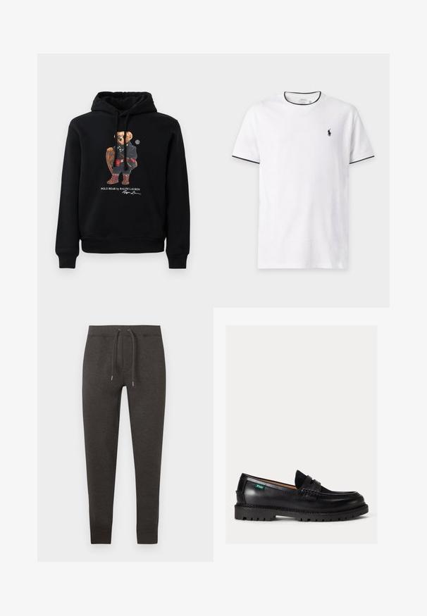 Schwarzer Hoodie mit einem Bären, der Sonnenbrillen trägt, einen Mantel, Stiefel angezogen hat und einen Holzschläger hält, mit dem Text "Polo Bear by Ralph Lauren" darunter.; Weißes T-Shirt mit kurzen Ärmeln und schwarzem Besatz an Kragen und Ärmeln, mit kleinem schwarzem Polo Ralph Lauren Logo auf der linken Brust.; Dunkelgraue Jogginghose aus weichem Material, ausgestattet mit einem elastischen Bund mit Kordelzug, zulaufenden Beinen und Bündchen am Knöchel.; Schwarzer Lederloafer mit dicker Sohle, abgerundeter Spitze und grünem Polo-Logo-Label an der Seite.