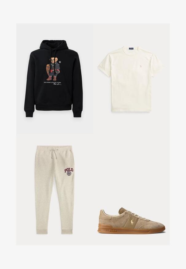 Schwarzer Hoodie mit einem Bären, der Sonnenbrillen trägt, einen Mantel, Stiefel angezogen hat und einen Holzschläger hält, mit dem Text "Polo Bear by Ralph Lauren" darunter.; Baumwoll-T-Shirt in Cremefarbe mit kurzen Ärmeln. Verfügt über ein dezentes, auf der linken Brust gesticktes Logo und einen Rundhalsausschnitt.; Beige Sweathose mit Kordelzug und Seitentaschen sowie rotem "POLO"-Logo und Emblem am oberen linken Oberschenkel.; Beiger Wildleder- und Leder-Low-Top-Sneaker mit Gummisohle, weißen Schnürsenkeln und Polo-Logo an der Seite und an der Sohle.