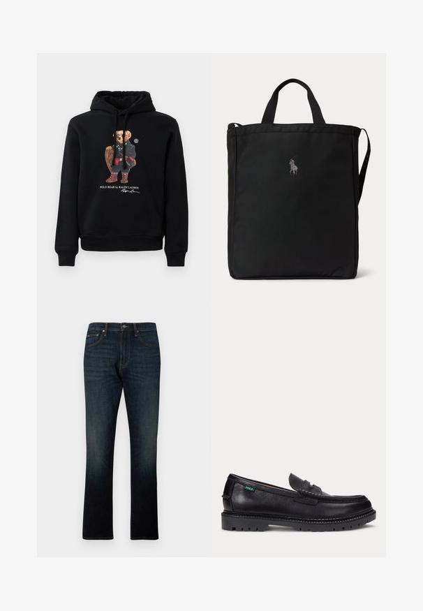Zwarte hoodie met een beer in een zonnebril, een jas, laarzen, en met een houten racket in de hand, met de tekst "Polo Bear by Ralph Lauren" eronder.; Donkerblauwe rechte denim jeans met vijf zakken en oranje stiksels, plat weergegeven op een witte achtergrond.; Zwarte leren loafer met dikke geprofileerde zool en klein groen "Polo" label aan de buitenkant bij de hiel.; Zwarte rechthoekige tote tas met korte handvatten, een lange schouderband aan de zijkant en een klein geborduurd polo speler logo middenvoor.