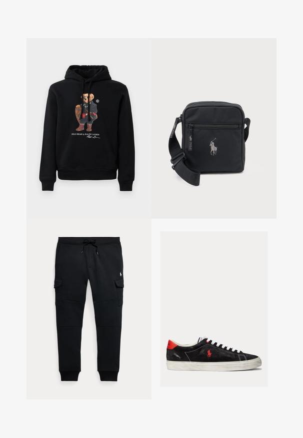 Sudadera negra con un oso usando gafas de sol, un abrigo, botas, y sosteniendo una raqueta de madera, con el texto "Polo Bear by Ralph Lauren" debajo.; Pantalones jogger cargo negros con cintura ajustable con cordón, bolsillos laterales con solapa, puños acanalados y pequeño logo blanco de jugador de polo en el muslo derecho.; Zapatillas de ante negro con cordones blancos, acentos rojos en el talón y un pequeño logo rojo. Presenta una suela de goma plana y un cosido sencillo.; Pequeña bolsa cruzada negra con bolsillo delantero con cremallera, correa ajustable y logo bordado de un jugador de polo a caballo.