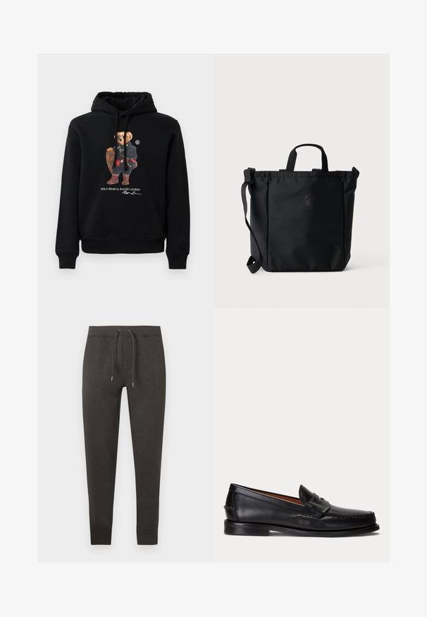 Zwarte hoodie met een beer in een zonnebril, een jas, laarzen, en met een houten racket in de hand, met de tekst "Polo Bear by Ralph Lauren" eronder.; Donkergrijze sweatpants gemaakt van zacht materiaal, met een elastische tailleband en trekkoorden, taps toelopende pijpen en boorden bij de enkels.; Zwarte leren loafer met lage hak en penny-strap detail, van opzij getoond op een lichtgrijze achtergrond.; Zwarte tote tas met bovenhandvatten, een verstelbare schouderriem en een subtiel geborduurd logo aan de voorkant in het midden.